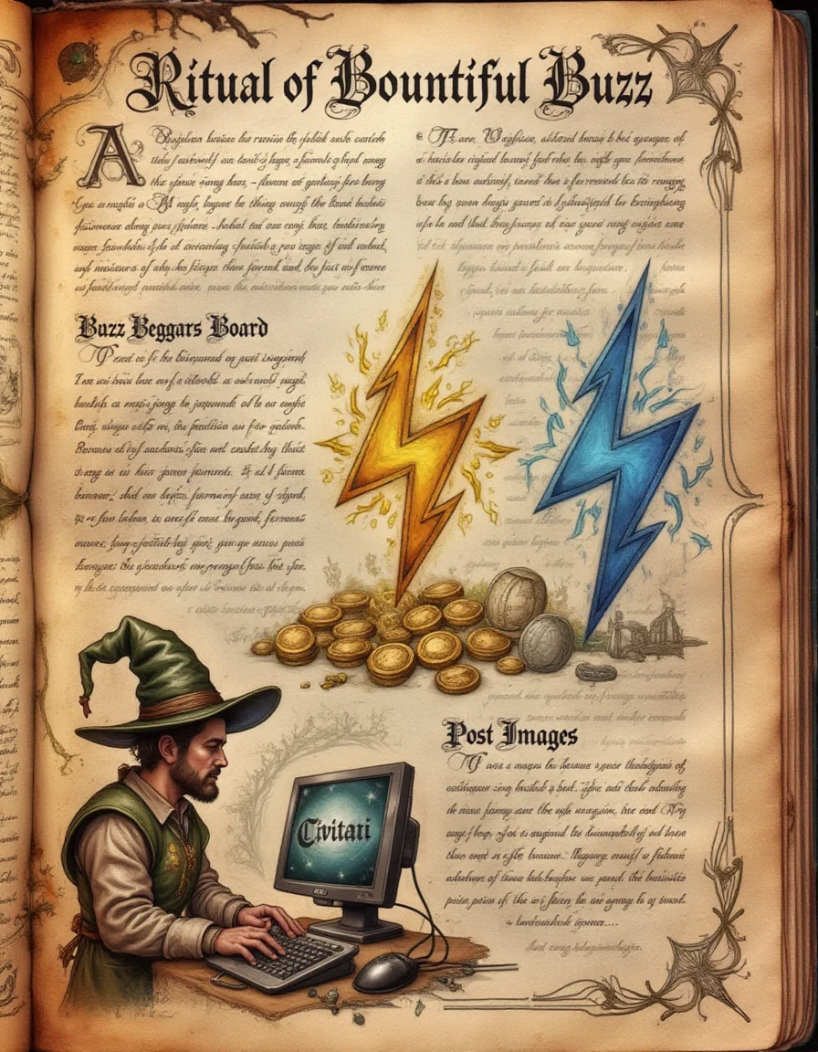 The spellbook page showcases a "Ritual of Bountiful Buzz" which is a ritual to gain magical currency to create art. It has detailed instructions that have text headings "Buzz Beggars Board" and text headings "Post Images" written in flowing script. In the center of the page, a yellow lightning bolt symbol fits up against a blue lightning bolt symbol, surrounded by coins. To the left, a man in a wizard hat presses the buttons on a keyboard with a monitor with the letters "Civitai" on the screen. Above, at the top of the page, is an open book that reveals a page filled with arcane symbols. The background consists of faded scripts and geometric borders that frame the enchanting elements., <lora:codex_arcanum_v20-360:1>, spllbkpg
