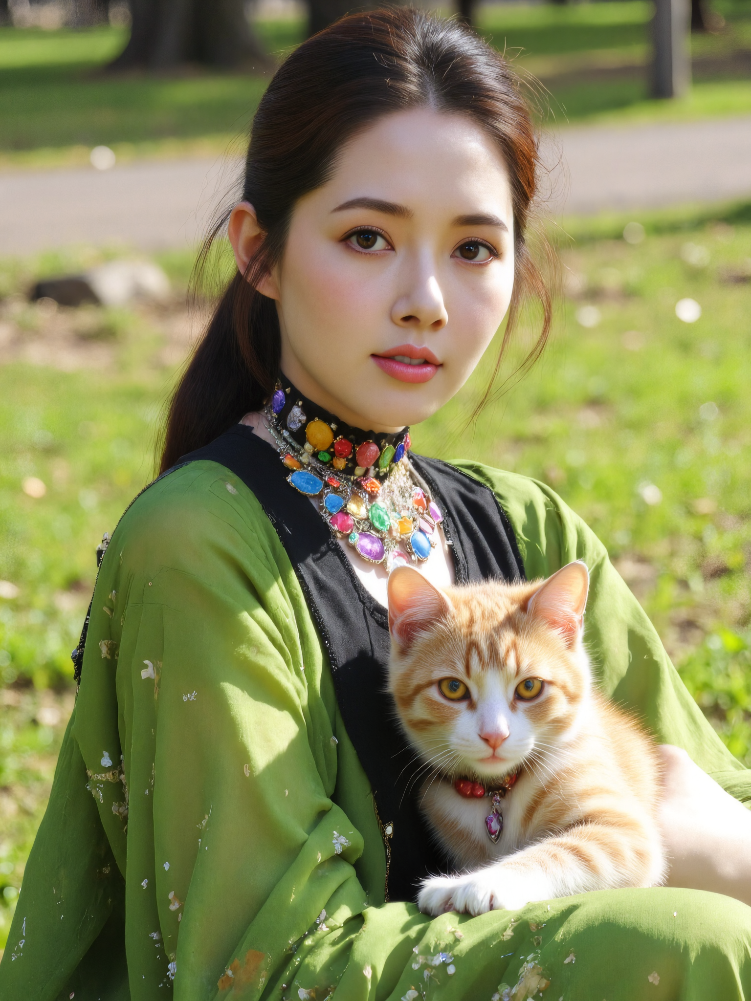 This is a high-resolution photograph of a young Asian woman with fair skin and long, dark brown hair styled in a loose, elegant updo. She has a delicate, symmetrical face with large brown eyes, a small nose, and full lips. She is wearing a vibrant green dress with black accents and a high collar, along with a layered necklace featuring colorful gemstones and pearls. The fabric of the dress is flowing and textured.

She is holding a small, fluffy orange cat with white markings. The cat is perched on her left shoulder, looking calmly at the camera.

She is sitting on the grass in a sunny park. The background shows bright green grass, scattered trees, and warm natural sunlight. The lighting is soft and even. The camera angle is slightly upward, and the composition follows the rule of thirds, focusing on her face and expression. The overall style is elegant and refined, with a natural and warm outdoor setting.