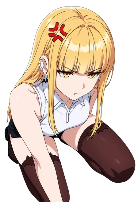 masterpiece,high quality details, absurdres,
<lora:Ruriko:0.8>enh_cnr,
ruriko_cnr,1girl, blonde hair, long hair,blunt bangs, yellow eyes, fang, ear piercing,earrings,, simple background, white background, front view,solo,, frown,anger vein,, serious face,one knee on ground,focused gaze,, collared shirt,sleeveless shirt ,hot pants, ,bat legwear,