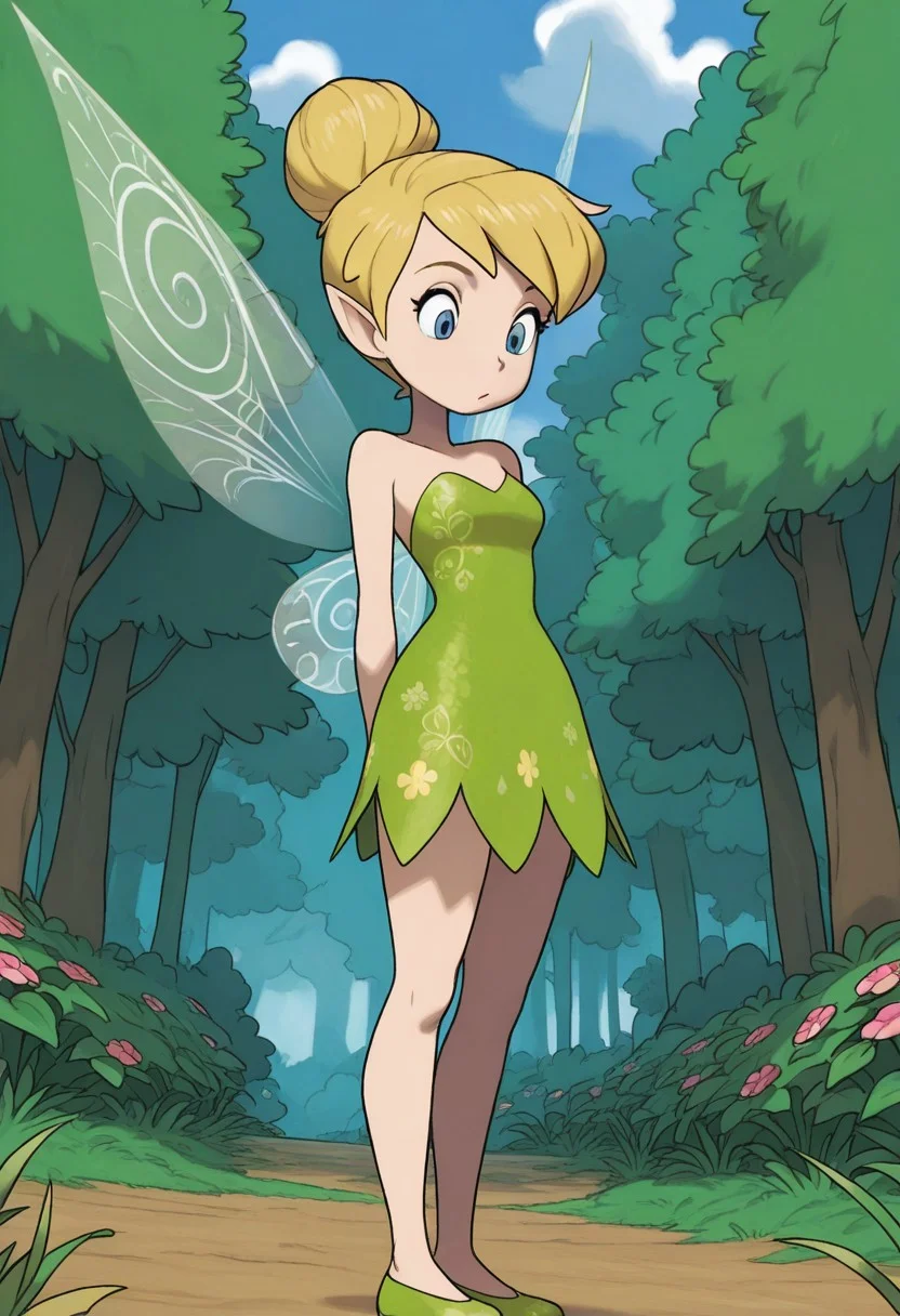 masterpiece, best quality, amazing quality, very aesthetic, absurdres, newest, detailed background, cowboy shot, outdoors, dynamic angle, forest, sky, clouds, flower, sugimori, jaggy lines,
tinkerbellxd, 1girl, fairy, solo, pointy ears, wings, hair bun, dress, blonde hair, bare shoulders, strapless, fairy wings, single hair bun, strapless dress, minigirl, green dress, shoes, full body, green footwear, blue eyes,
<lora:Tinkerbell_-_Disney_Illustrious:1>