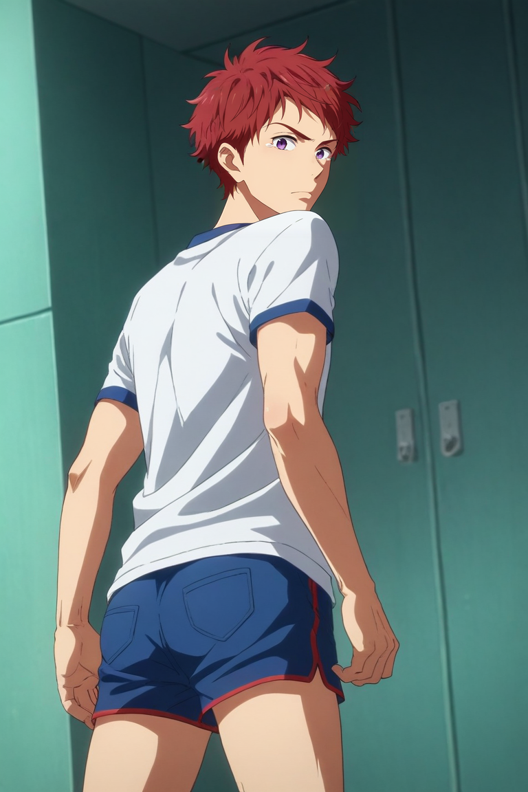 score_9, score_8_up, score_7_up, source_anime, rating_safe, , (realistic:0.6), looking at viewer, depth of field, 1boy, solo, male focus, <lora:asahi_shiina_pony:0.78>, asahi_shiina, red hair, purple eyes, short hair, wide angle, wide shot, cowboy shot, dock, day, ass, tearing up, shorts,, <lora:sdxl_lightning_8step_lora:1>