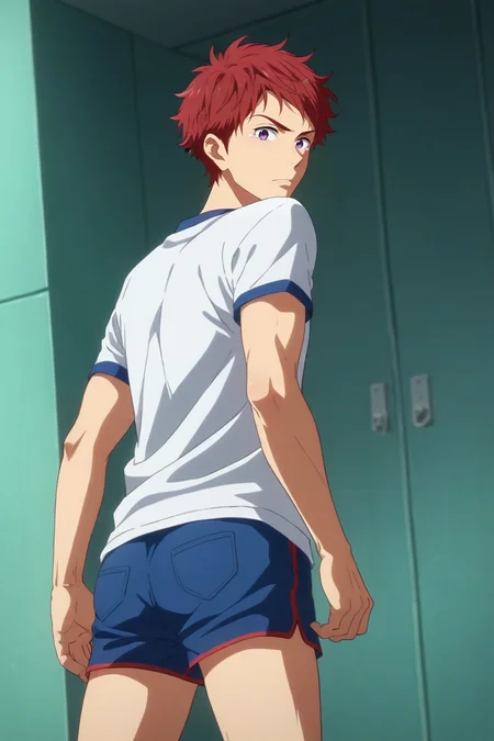 score_9, score_8_up, score_7_up, source_anime, rating_safe, , (realistic:0.6), looking at viewer, depth of field, 1boy, solo, male focus, <lora:asahi_shiina_pony:0.78>, asahi_shiina, red hair, purple eyes, short hair, wide angle, wide shot, cowboy shot, dock, day, ass, tearing up, shorts,, <lora:sdxl_lightning_8step_lora:1>