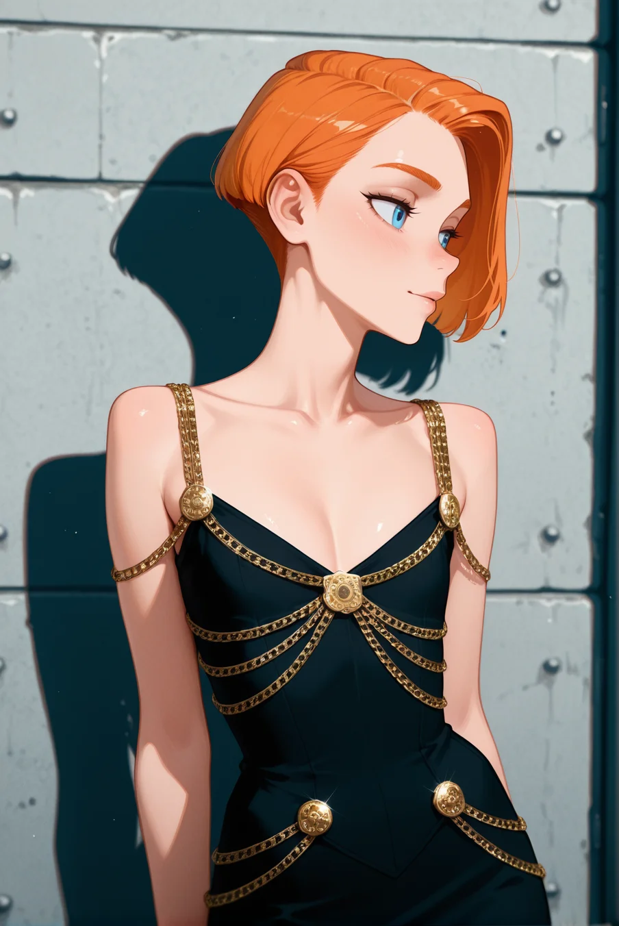 1boy, Rapunzel\(Movie\) style, (Pixar\(movies\):1.15), masterpiece,best quality,amazing quality, volumetric light, newest, Perfect detailed face, solo, clean concrete wall background,
an illustration of an extra skinny femboy, tomboy Trap, Trans girl, shag haircut, bobcut, ginger hair, redhead, flat chest, long_body, thin, (mature, 40yo:1.2), Til blue eyes,
<lora:Chanel_1992_Chain_Dress:0.8> chain outfit, black dress, cleavage, sleeveless, cowboy shot,
BREAK Masterpiece, best quality, amazing quality, HDR, 4K, volumetric light, newest, Perfect detailed face, Pixar\(movies\), Disney Princess,