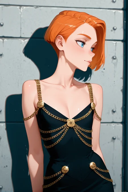 1boy, Rapunzel\(Movie\) style, (Pixar\(movies\):1.15), masterpiece,best quality,amazing quality, volumetric light, newest, Perfect detailed face, solo, clean concrete wall background,
an illustration of an extra skinny femboy, tomboy Trap, Trans girl, shag haircut, bobcut, ginger hair, redhead, flat chest, long_body, thin, (mature, 40yo:1.2), Til blue eyes,
<lora:Chanel_1992_Chain_Dress:0.8> chain outfit, black dress, cleavage, sleeveless, cowboy shot,
BREAK Masterpiece, best quality, amazing quality, HDR, 4K, volumetric light, newest, Perfect detailed face, Pixar\(movies\), Disney Princess,
