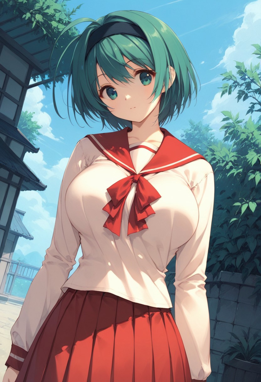 score_9, score_8_up, score_7_up, 1girl, solo, Chie Yoshioka, green hair, black headband, short hair, blue-green eyes, ahoge, large breasts, serafuku, long sleeves, red skirt, upper body focus, outdoors, dutch angle, cowboy shot