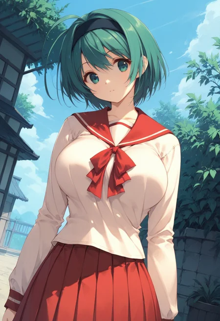 score_9, score_8_up, score_7_up, 1girl, solo, Chie Yoshioka, green hair, black headband, short hair, blue-green eyes, ahoge, large breasts, serafuku, long sleeves, red skirt, upper body focus, outdoors, dutch angle, cowboy shot