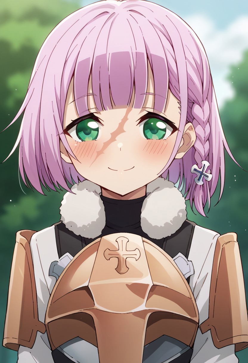 score_9, score_8, score_7, source_anime, rcleonica, 1girl, solo, blush, braid, scar, cross hair ornament, blurry background, smile, closed mouth