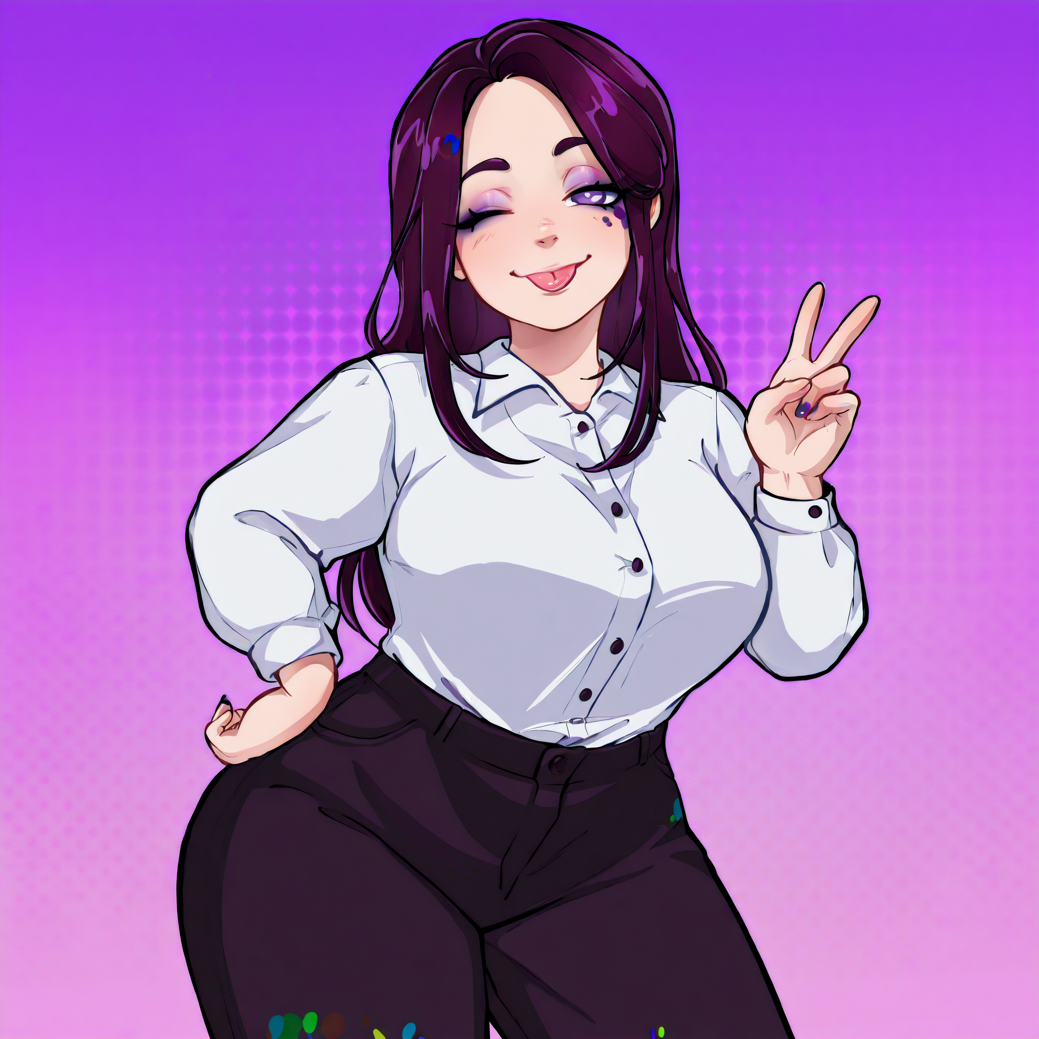 masterpiece, best quality, amazing quality, very aesthetic, absurdres, hand on own hips, 
1girl, solo, plump, large breast,  long hair, smile, half-closed eyes, v, tongue out, closed mouth, wink, one eye closed, contrapposto, :p, 
halftone, ben-day dots, 
white dress shirt, black pants, 
light purple background, dark purple dots, gradient background, , simple background, halftone background, 
cowboy shot, front view, three-quarter view, facing viewer, 
(masterpiece), (best quality), (ultra-detailed), amazing quality, very aesthetic, illustration, perfect composition, intricate details, absurdres, incredibly absurdres, anime coloring, 
 <lora:SorÐ­Tammier_r_Style_Illu:1>, sortammier,