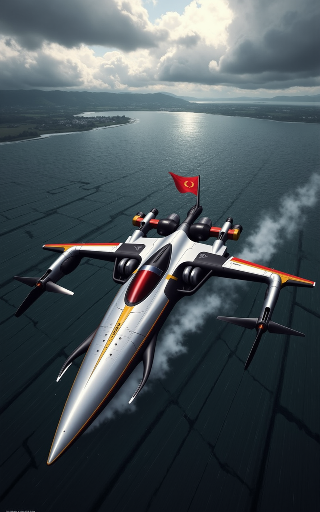 YFG-SRS, Wide view, high-angle shot, futuristic countryside. Dramatic storm-filled sky, turbulent sea. Modern CoastGuard ship moving through, gunmetal body, white color, red and yellow stripped line, Red flag with stars. Golden runes, glowing cybernetic lines. Massive wingspan propellers, rotating blades, guns, reinforced carriage below. Grimdark, mechanical aesthetic. Stormy glow highlights metallic surfaces, textured clouds. Intricate countryside details: fields, rivers, settlements. Cinematic lighting, ultra-realistic, 32k resolution, film grain, reversal film effects.