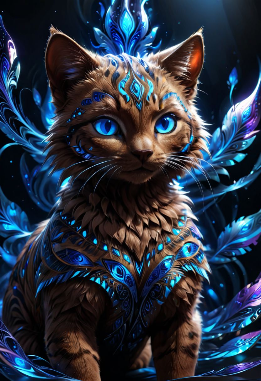 Magical creature, adorable brown cat, hyper realistic, glowing blue tribal patterns on the fur, blue eyes, abstraction, shading, bold, 3D, UHD, multidimensional, deep fractal, etched shapes, dark, close-up, sparkling blue particles floating around, 8k award winning, portrait, looking at viewer
