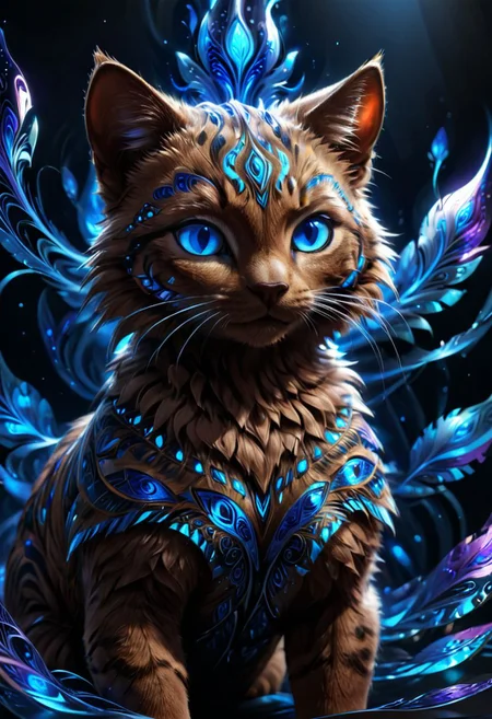 Magical creature, adorable brown cat, hyper realistic, glowing blue tribal patterns on the fur, blue eyes, abstraction, shading, bold, 3D, UHD, multidimensional, deep fractal, etched shapes, dark, close-up, sparkling blue particles floating around, 8k award winning, portrait, looking at viewer