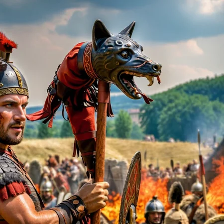 Movie scene, HDR, award winning, photo, Roman soldier  holding a dacian draco covered in blood, battlefield scene in the background, burning city in the background<lora:daciandraco:1> draco, dacian, pole