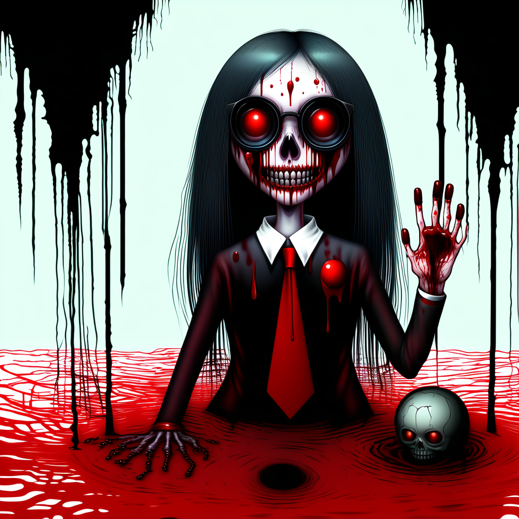 blood, 1girl, horror (theme), glasses, ball, necktie, skull