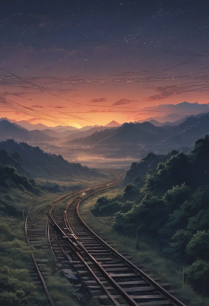 scenery, ((night, starry)), (Japanese anime style), wilderness, distant landscape, empty railroad, sunset, fantastic, loneliness atmosphere, cool tone, minimum lighting, masterpiece, best quality, ultra-detailed