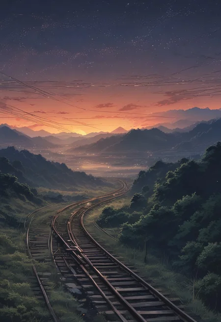 scenery, ((night, starry)), (Japanese anime style), wilderness, distant landscape, empty railroad, sunset, fantastic, loneliness atmosphere, cool tone, minimum lighting, masterpiece, best quality, ultra-detailed