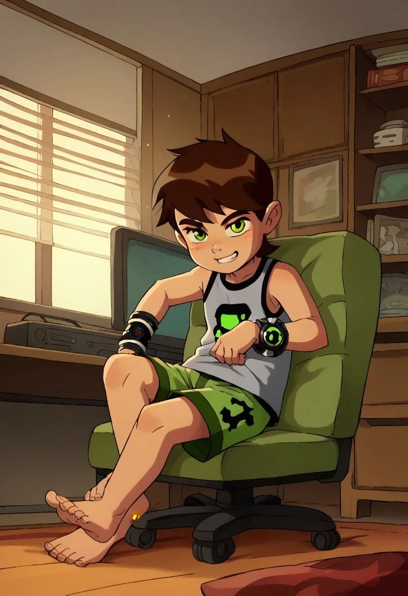 score_9, score_8_up, score_7_up, score_6_up, score_5_up, score_4_up, cute boy , brown hair, green eyes, bracelet, smog slime, wear pajamas, tiny shorts , Tank top shirt , bare foot , sitting in a chair , messy bedroom , TV , games , windows , sun.