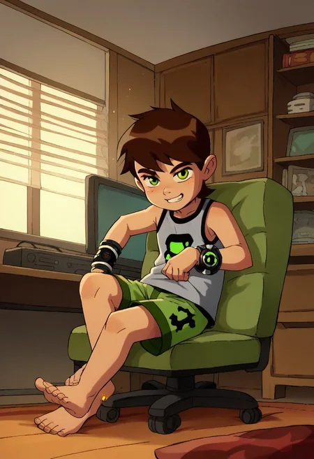 score_9, score_8_up, score_7_up, score_6_up, score_5_up, score_4_up, cute boy , brown hair, green eyes, bracelet, smog slime, wear pajamas, tiny shorts , Tank top shirt , bare foot , sitting in a chair , messy bedroom , TV , games , windows , sun.