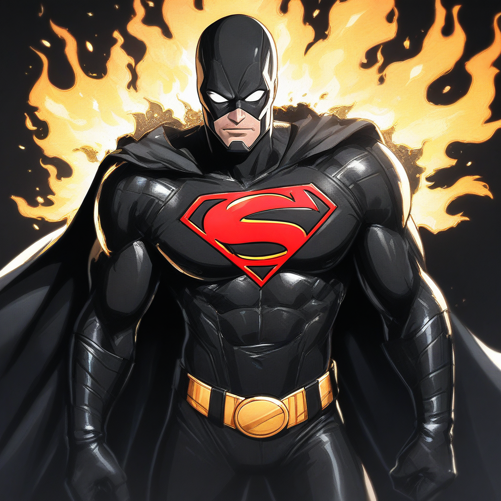 Source_comics, marvel, DC, dc comics, wh1t3ey3s,((score_9)),score_8_up,score_7_up,score_6_up,score_5_up,score_4_up, 1boy, solo, superhero_costume, white eyes, no pupils, superhero, black theme, muscular,cape, bodysuit , black gloves, belt, yellow background, sparks, flames, shadows,