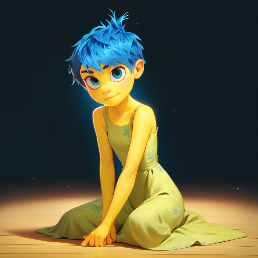 score_9, score_8_up, score_7_up, score_6_up, score_5_up, score_4_up, rating_questionable, JoyEmotion, glowing, 1girl, sitting on the floor, looking at viewer, blue hair, yellow skin, black background, dress, exposed shoulders