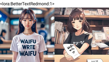 An asian girl with a t-shirt that have "WAIFU" write on it, "WAIFU" write, anime style, anime <lora:BetterTextRedmond:1>