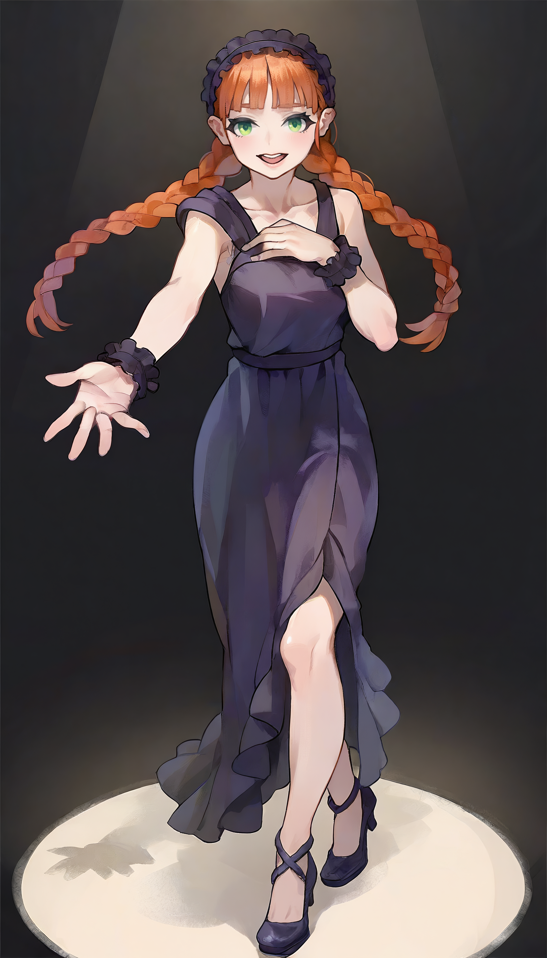 masterpiece,best quality,amazing quality,
<lora:yunifiiNAI:1>,yunifi,
1girl,solo,orange hair,bangs,twin braids,green eyes,purple hairband,purple slip dress,purple cuffs,purple strappy heels,looking at viewer,open smile,walking,full body,reaching out one hand,one hand on chest,black background,spotlight,