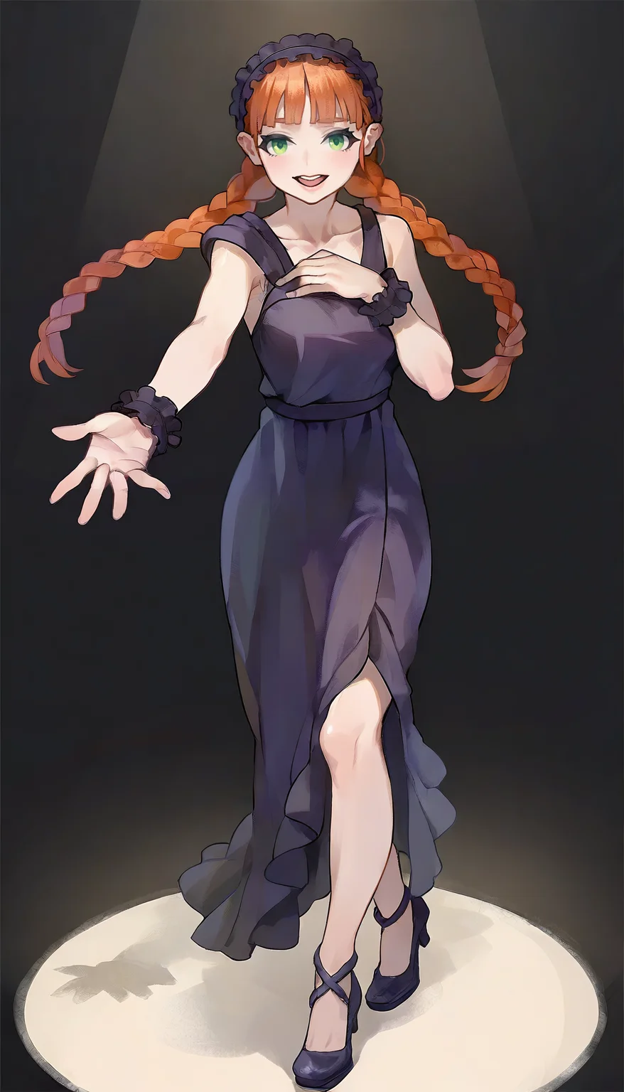 masterpiece,best quality,amazing quality,
<lora:yunifiiNAI:1>,yunifi,
1girl,solo,orange hair,bangs,twin braids,green eyes,purple hairband,purple slip dress,purple cuffs,purple strappy heels,looking at viewer,open smile,walking,full body,reaching out one hand,one hand on chest,black background,spotlight,