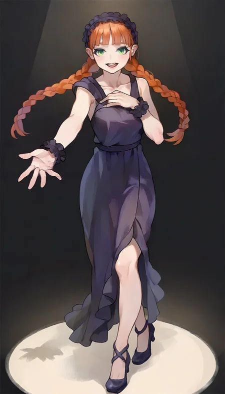 masterpiece,best quality,amazing quality,
<lora:yunifiiNAI:1>,yunifi,
1girl,solo,orange hair,bangs,twin braids,green eyes,purple hairband,purple slip dress,purple cuffs,purple strappy heels,looking at viewer,open smile,walking,full body,reaching out one hand,one hand on chest,black background,spotlight,