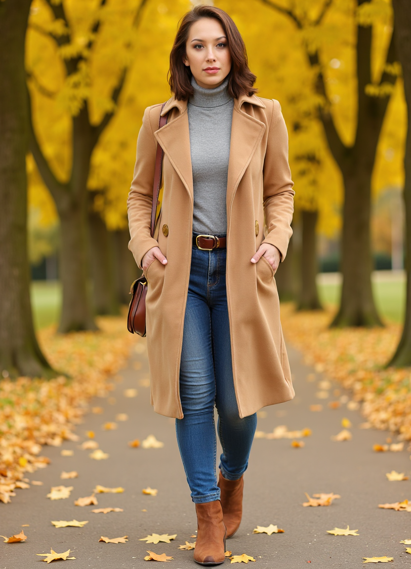 SFW, brightly lit, The image shows a woman walking in a park during autumn. She is wearing a long beige trench coat, a grey turtleneck sweater, blue jeans, and brown ankle boots. She has a brown handbag slung over her shoulder and is looking off to the side with a serious expression on her face. The trees in the background are covered in yellow leaves, indicating that the photo was taken during the fall season. The ground is covered in fallen leaves, creating a beautiful contrast with the warm colors of the trees., aidmaimageupgrader<lora:flux\custom\celebrity\cheryl-burke.safetensors:1.05:1.05> <lora:turbo-8-step-flux.safetensors:0.5:0.5> <lora:flux\style\Common\aidmaImageUprader-FLUX-v0.3.safetensors:0.25:0.25>