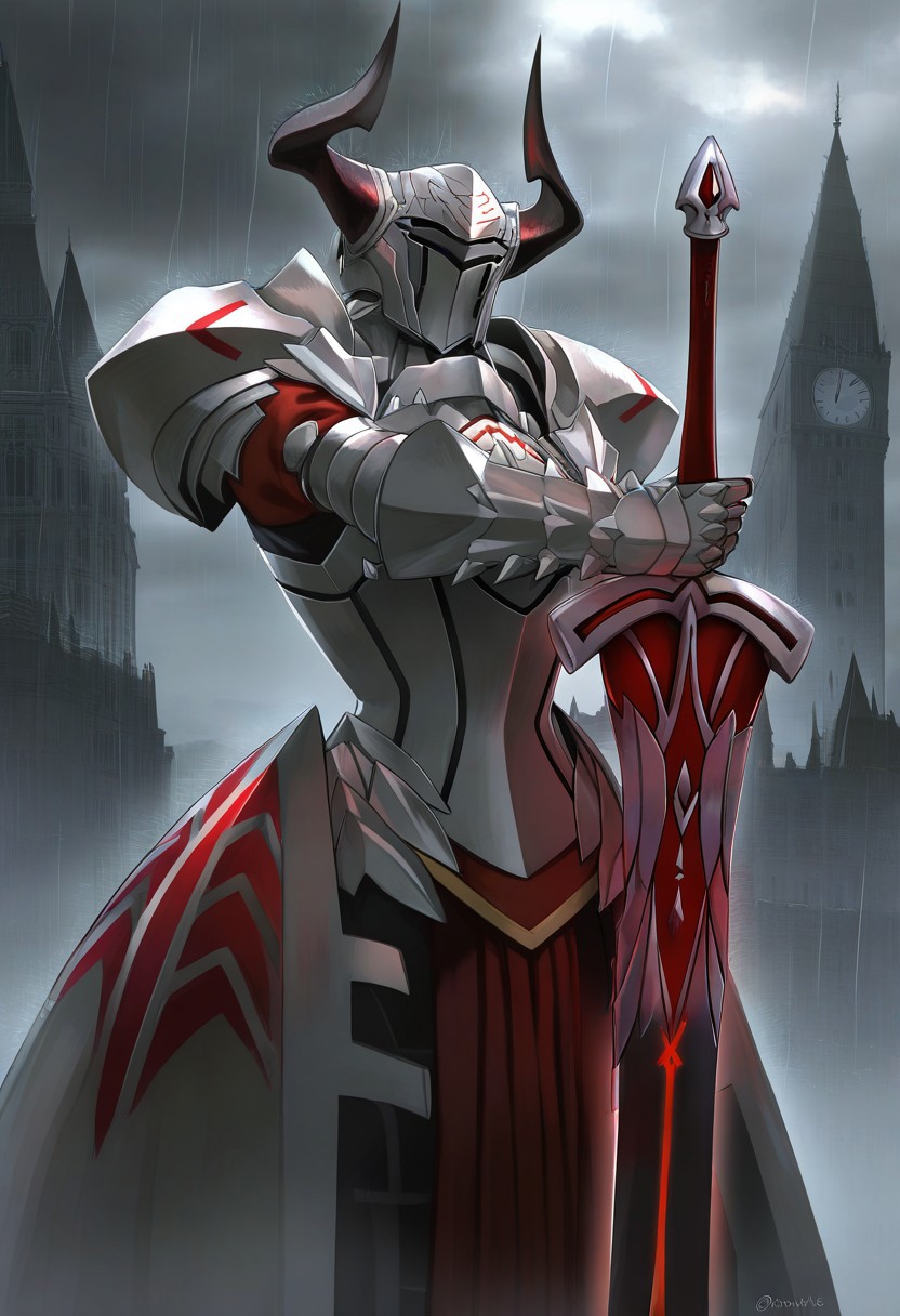 masterpiece, best quality, very aesthetic, high resolution, ultra-detailed, absurdres, newest, extremely detailed eyes, beautiful, perfect lighting, hi res, amazing quality, NEWTRVL_ST, 1girl, solo, holding, weapon, horns, sky, sword, cloud, twitter username, holding weapon, armor, holding sword, helmet, cloudy sky, shoulder armor, gauntlets, rain, pauldrons, clock, fake horns, castle, full armor, tower, clock tower, mordred \(fate\), mordred \(fate/apocrypha\)