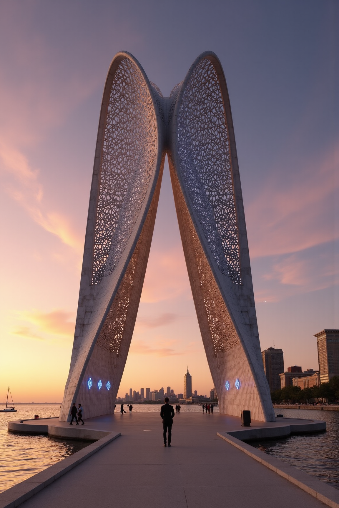 YFG-Sm0rg, Create an image of the Milwaukee Art Museum's Quadracci Pavilion at sunset, with a subtle filter to capture the warm tones and deep shadows of the exterior skin. The building should be viewed from directly across Lake Michigan, showcasing its dramatic wings that rise like colossal sculptures from the ground.
The sky above should be painted in hues of orange and pink, as if set ablaze by the dying embers of daylight. The clouds should be wispy and feathery, with a subtle sheen to suggest the gentle lapping of lake waves against the shore.
In the foreground, include a small group of people strolling along the promenade, their silhouettes stark against the vibrant sky. One person in the center should be standing still, gazing up at the building's majestic form with an expression of awe and reverence.
The Quadracci Pavilion itself should be rendered in precise detail, from the intricate latticework of the exterior skin to the smooth curves of its undulating roofline. The materials used should appear weathered yet enduring, as if the building has stood sentinel over Lake Michigan for centuries.
To enhance the sense of place and atmosphere, incorporate subtle details such as sailboats drifting lazily across the lake's surface, their reflections rippling outwards like tiny shards of glass on the water's skin. The distant cityscape should be blurred into a soft haze, with only the iconic tower of the Milwaukee County Courthouse rising above the rooftops like a sentinel.
In terms of specific architectural features, focus on the soaring arches that rise from the ground to support the wings, their delicate filigree-like details casting intricate shadows across the surrounding stone. Include the dramatic LED lights embedded within the exterior skin, which pulse with a soft blue glow as if alive and breathing in harmony with the building's fluid curves.
Consider including a few subtle Easter eggs or references to Santiago Calatrava's other works, such as tiny figurines perched atop the arches or an inconspicuous pattern of interlocking gears embedded within the building's foundation.