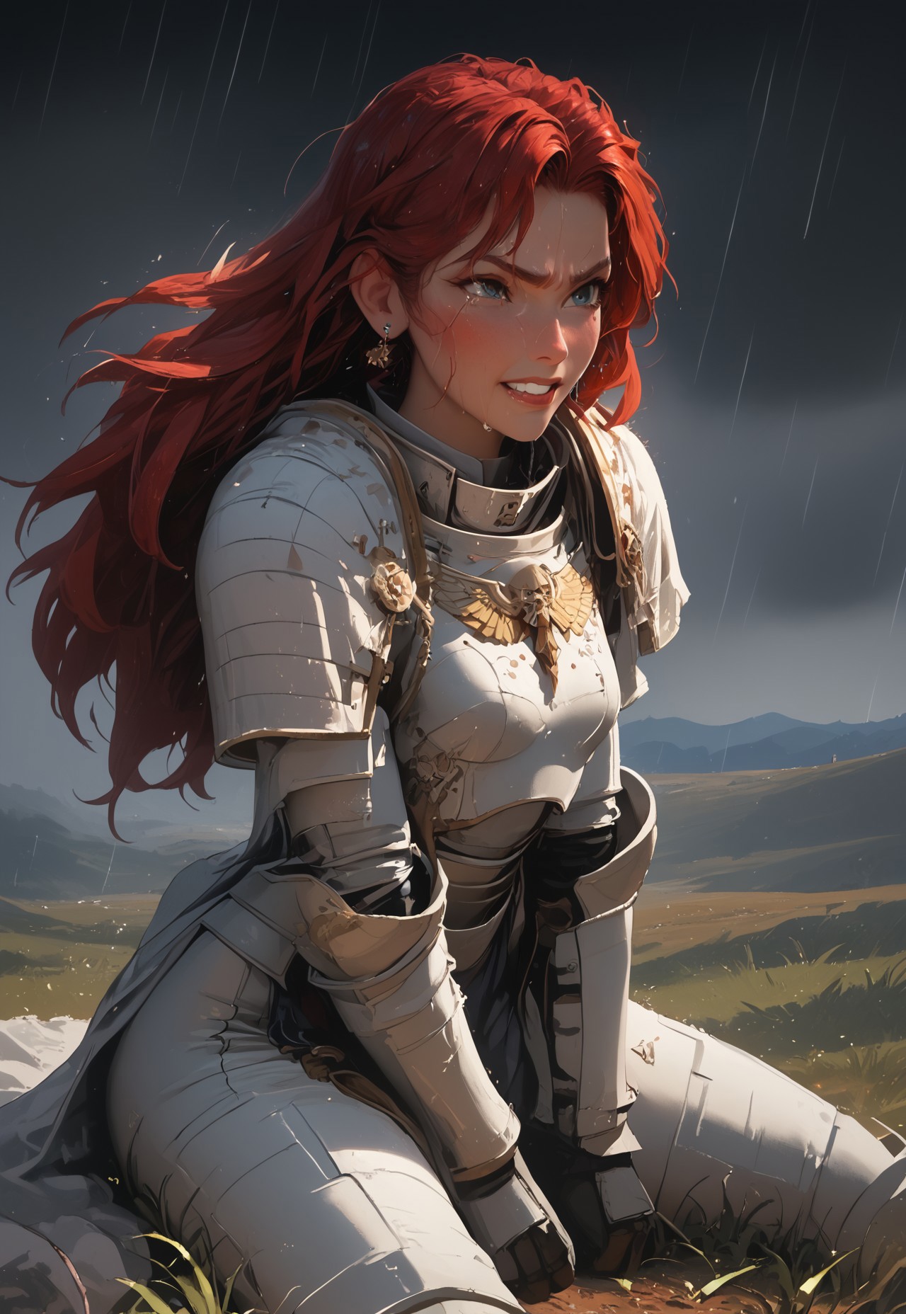 1girl, solo, 24 year old woman, large build, kneeling:1.4, beautiful, long hair, dark red hair, freckles:1.4, face uplifted:1.6, looking up, looking at the sky, earrings, grin:1.5, crying:1.5, teeth clenched:1.4, angry smile:1.3, wide hips, knight armor:1.5, heavy armor, gauntlets, greaves, eyes squeezed shut:1.6, leaning (back):1.3, arms at her sides, rain falling on her face:1.5, tan skin, on knees, tears on chin, tears on cheeks,

dusk, after battle, muddy field, some grass, fallen soldiers around her:1.4, storming, dark gray sky, dark sky:1.4, streaming banners, battlefield, intense rain:1.3, dreary, raining, overcast, mountains and hills in the background,

score_9, score_8_up, score_8, masterpiece, best quality, official art, extremely detailed, CG unity 8k wallpaper, absurdres, high definition, photorealism:1.5, detailed shading, high contrast, ambient occlusion, vivid colors:1.5, saturated colors:1.6, 

downward angle:1.3, cowboy shot, cinematic, from above:1.3,

expressiveh, whites40k, tears, 