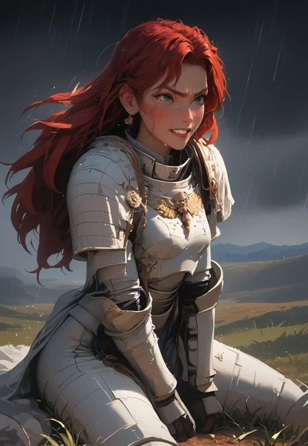 1girl, solo, 24 year old woman, large build, kneeling:1.4, beautiful, long hair, dark red hair, freckles:1.4, face uplifted:1.6, looking up, looking at the sky, earrings, grin:1.5, crying:1.5, teeth clenched:1.4, angry smile:1.3, wide hips, knight armor:1.5, heavy armor, gauntlets, greaves, eyes squeezed shut:1.6, leaning (back):1.3, arms at her sides, rain falling on her face:1.5, tan skin, on knees, tears on chin, tears on cheeks,
dusk, after battle, muddy field, some grass, fallen soldiers around her:1.4, storming, dark gray sky, dark sky:1.4, streaming banners, battlefield, intense rain:1.3, dreary, raining, overcast, mountains and hills in the background,
score_9, score_8_up, score_8, masterpiece, best quality, official art, extremely detailed, CG unity 8k wallpaper, absurdres, high definition, photorealism:1.5, detailed shading, high contrast, ambient occlusion, vivid colors:1.5, saturated colors:1.6,
downward angle:1.3, cowboy shot, cinematic, from above:1.3,
expressiveh, whites40k, tears,