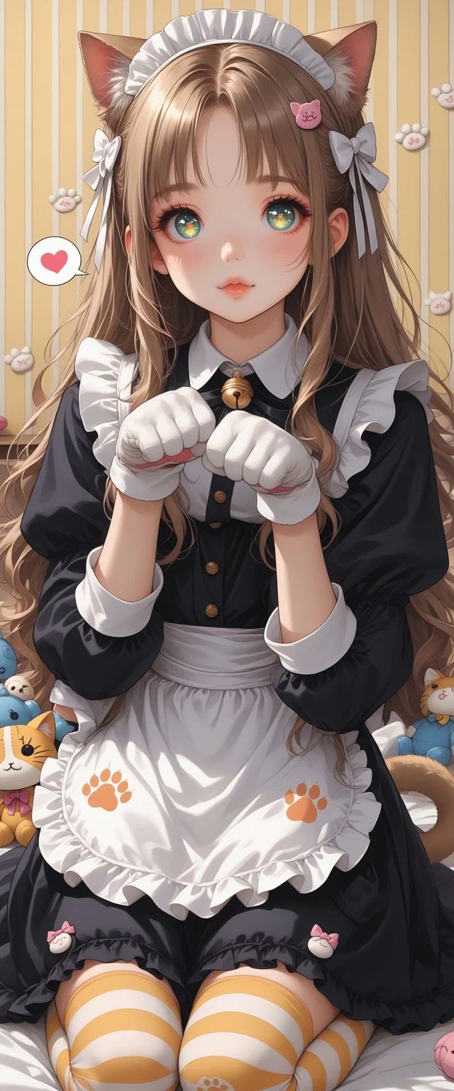 score_9, score_8_up, score_7_up, source_anime, ((fullbody)) 1girl, solo, ((Licca-chan : 1.2)), cat girl, cat ears, animal ear fluff, cat tail, long hair, cute hairstyle, moe, kawaii, cute, doll, doll joints, big sparkling eyes, detailed lips, makeup, paw pose, ((doll_clothes)), (maid), maid cafe uniform, cat maid dress, bows, white bows, hair ornament, white paw gloves, neck bell, striped stockings, striped legwear, yellow cat print background, beige paw print , spoken heart, cute toys, <lora:19a618b0-9c60-490e-984c-201466b5ed8f:0.7>, <lora:d10e6385-a080-4735-a8cf-9b683731baca:0.7>, <lora:7fa89c10-5601-4ced-9e6d-e50019f5aa4b:0.5>, <lora:678b49e2-f537-4298-8f86-c8e5267b2ed7:0.4>, <lora:ab19ebf7-99b5-4dc4-8f50-e9330005ed10:0.4>, <lora:84bda6d4-87ea-4e5d-aca1-a8c93279c7f8:0.3>, <lora:e485f886-377e-4727-92e3-947262a0784f:0.3>, <lora:8d8e797e-3e48-41d5-8922-0b031275dd43:0.3>, , , , , , , , , , , ,