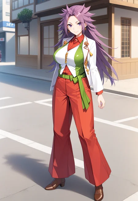 full body, standing, street, large breasts, <lora:KC_04AC_junyou_ponyv4-000019:1> junyoukc, purple hair, spiked hair, long hair, purple eyes, junyoukai2kc, white_jacket_white_vest, long sleeves, magatama, green obi, red hakama, hakama pants, brown shoes, score_9,score_8_up, score_7_up, source_anime, masterpiece, best quality, official art, official style, game cg, megami magazine, rating_safe, rating_questionable, <lora:Fixhands_anime_bdsqlsz_V1:0.75>,