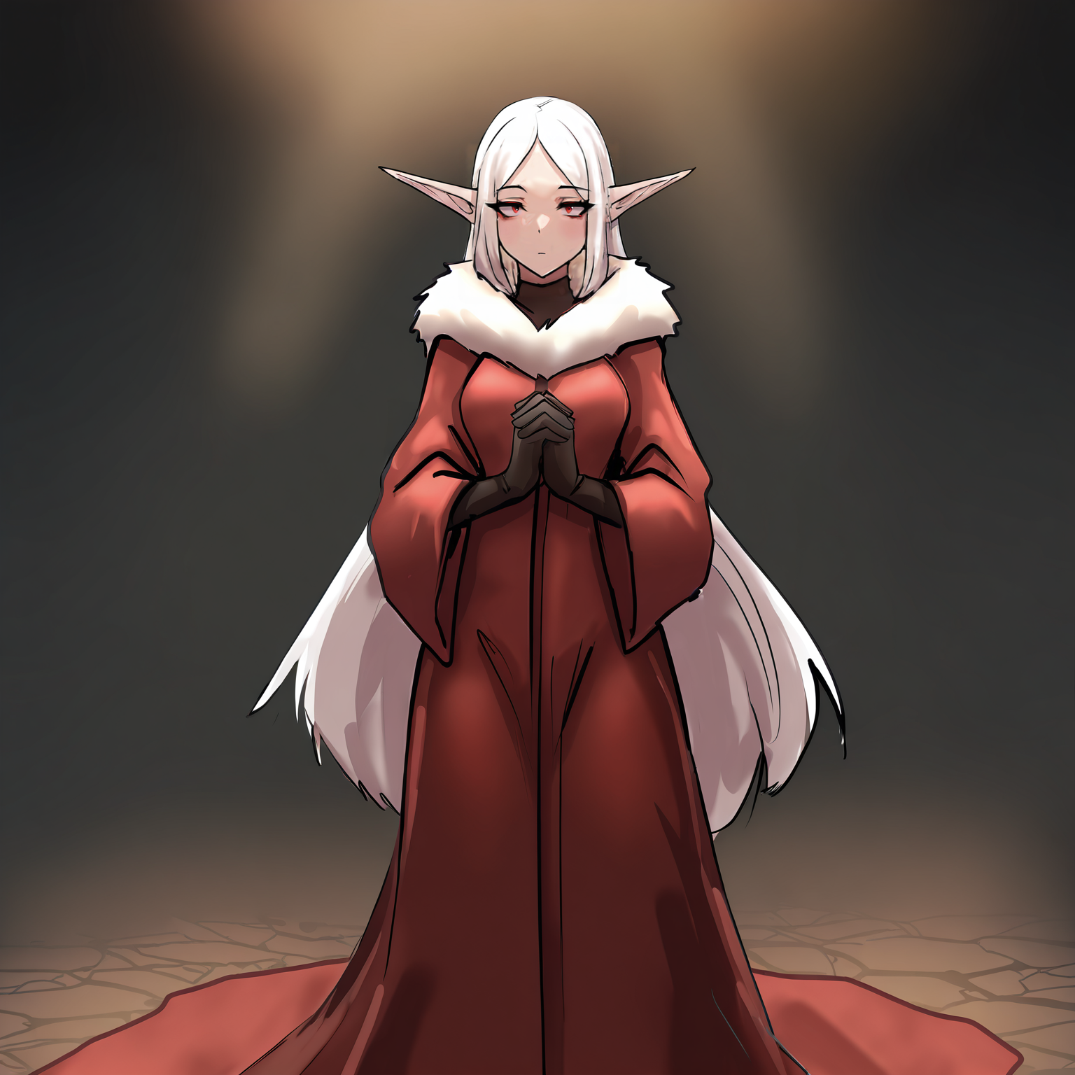 <lora:MilflakerV1:1> mlkflkr, elf girl, white hair, red eyes, red robe, fur collar, black gloves, bodystocking, expressionless, looking at viewer, own hands clasped, standing,, masterpiece, best quality, newest, absurdres, highres, very aesthetic,