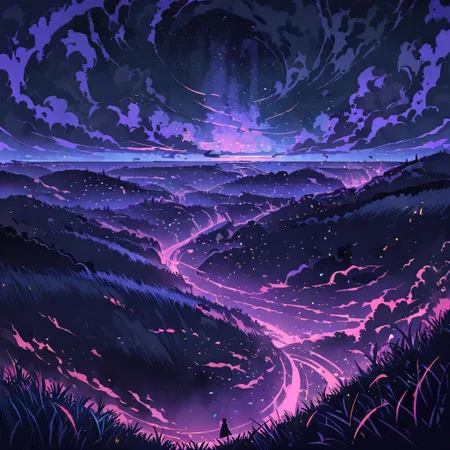 Very wide angle shot, big landscape, serene night, beautiful sky, Complex landscape, grassland, ocean, swirling mists and ghostly apparitions. Glowing will-o'-the-wisps Color temperature: Moody and deep . Lighting: Flickering torches casting long shadows. Atmosphere: goth horror. --v 5 --stylize 1000