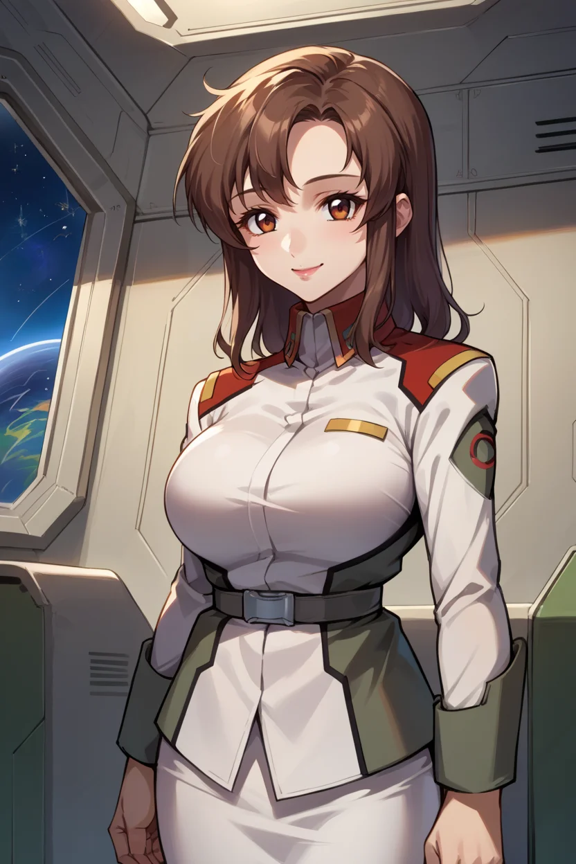 score_9, score_8_up, score_7_up, score_6_up, source_anime, BREAK 1girl, solo, <lora:murrue-pdxl-nvwls-v1-000005:1> murrue ramius, brown hair, white uniform, belt, white skirt, pantyhose, looking at you, space station, indoors, smile, upper body, outer space, big breasts