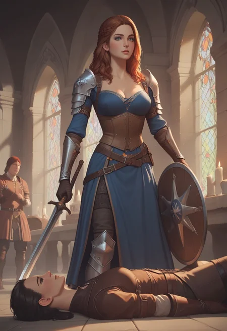 8k resolution, score_9, score_8_up, score_7_up, 22 years, Expressiveh, medieval fantasy, single a sexy brown hair blue eyes girl, big perfect breasts, perfect face, long and hourglass body, detailed eyes, semi realistic, girl heavy armor, sheathed sword, standing, medieval fantasy castle armory, shield on back, leather pants