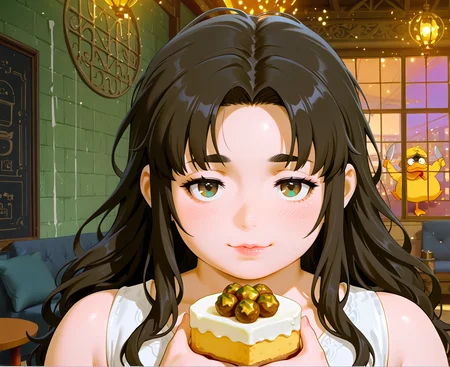 PonyScores7, source_anime, ah1, IllustriousQual, <lora:natsumi_style:0.5>, <lora:by_usakun-pony:0.4> by usakun, <lora:Akina_Bbw_Style_-_PonyXL:0.2> AkinBw
BREAK 1girl, mature female, (round face:1.2), (thick eyebrows:1.3), (curvy), round-chin, caucasian, (plump face), <lora:Round_face:0.2>, <lora:ETO_OCPonyXL:0.5> eto_oc, skindentation, (plump), thick thighs, wide hips, busty, voluptuous, lips, <lora:venus body PonyXL:0.4>, <lora:shinyskin2:0.2> glistening skin
BREAK (curly hair), long hair, (black hair:1.4), (parted hair:1.7), messy hair, kinky curls, <lora:hairdetailpxl:0.2> hairdetailpxl
BREAK (half green and brown eyes), (colorful eyes), (multicolored eyes), (downturned eyes:1.4), <lora:expressive eyes:0.5> expressive eyes, <lora:eyedetailpxl:0.2> eyedetailpxl, <lora:Eyes_High_Definition:0.3> EyesHD
BREAK (=^=, <lora:Expressive_H:0.2> Expressiveh, <lora:Emotional_Anime_Expressions_PonyXL_Concept:0.2> emotional, <lora:Best_Facial_Expression_LoRA_PONY:0.2>, <lora:expresionesv3Rank128:0.2> expresiones, <lora:Detailed expressive EXEV style -XL Pony V1.0:0.2> FaceDetail)
BREAK (holding a box of donuts)
BREAK orange-yellow Cunning Assassin, Female, short black hair, dark clothing, knives
BREAK (creamy meal, Bistro, accompanied by a slice of lemon, Peking Duck, Roasted Brussels Sprouts, creamy cheesecake, craft beer)
BREAK <lora:xl_more_art-full_v1:0.2>, <lora:aesthetic_anime_v1s:0.2>, <lora:EpicF4nta5yXL:0.2>, <lora:detailxl:0.2> detailxl, <lora:Fant5yP0ny:0.2>, best quality, amazing quality, best aesthetic, absurdres, illustration, Volumetric_Lighting, ultra-detailed, very aesthetic, intricate details, 8k, masterpiece, best_quality
BREAK (zoom_out:1.8), (portrait)
BREAK Stable_Yogis_PDXL_Positives, AS-Adult, <lora:Complicated fantasy portrait - XL Pony V2.0:0.3>, bad-hands-5, <lora:HDA_Detailer:0.5>, HDA_FatGirlXL