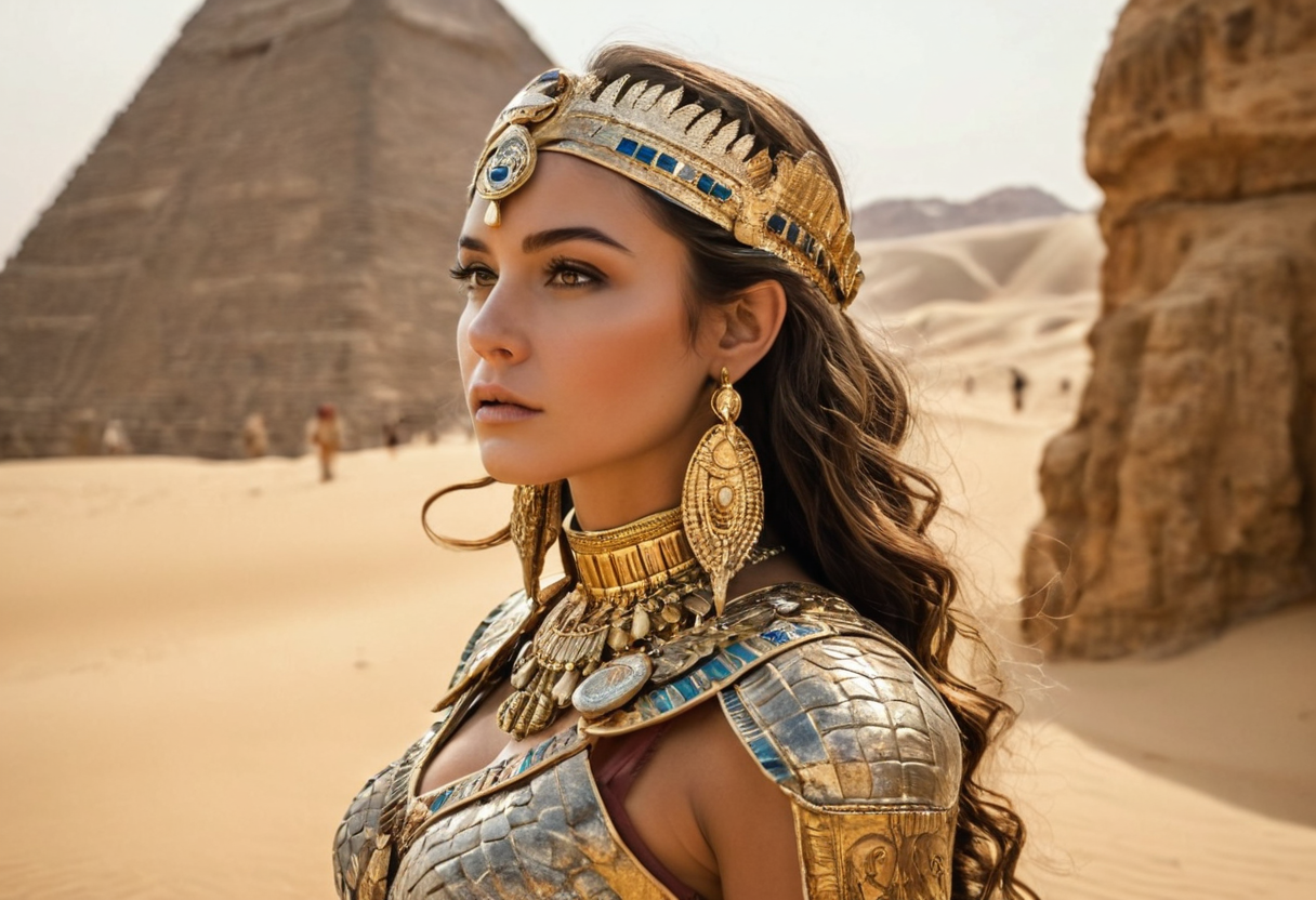 cinematic still The image is a highly detailed digital artwork depicting a woman in an ancient Egyptian-inspired setting. She stands in a desert landscape with vast sand dunes stretching into the background, illuminated by a warm, golden light. The woman has light brown skin and long, dark brown hair that peeks out from beneath a beige, flowing scarf that covers her head. She wears an elaborate, golden breastplate adorned with intricate carvings and patterns, emphasizing her ample breasts. Her upper body is bare, except for the breastplate and a matching golden arm band on her right arm. She also wears a golden headpiece with a small, ornate design at the center. Her eyes are a striking, piercing green, and she has a serious, confident expression. She holds a long, wooden staff with a coiled snake entwined around it, suggesting a connection to ancient Egyptian mythology. The texture of the sand dunes is smooth and detailed, with subtle shadows and highlights, while the woman's attire and accessories have a metallic, almost sculptural quality, adding to the image's rich, historical atmosphere. The overall style is hyper-realistic, capturing both the woman's regal presence and the detailed environment . emotional, harmonious, vignette, 4k epic detailed, shot on kodak, 35mm photo, sharp focus, high budget, cinemascope, moody, epic, gorgeous, film grain, grainy, The image is a highly detailed digital artwork depicting a woman in an ancient Egyptian-inspired setting. She stands in a desert landscape with vast sand dunes stretching into the background, illuminated by a warm, golden light. The woman has light brown skin and long, dark brown hair that peeks out from beneath a beige, flowing scarf that covers her head. She wears an elaborate, golden breastplate adorned with intricate carvings and patterns, emphasizing her ample breasts. Her upper body is bare, except for the breastplate and a matching golden arm band on her right arm. She also wears a golden headpiece with a small, ornate design at the center. Her eyes are a striking, piercing green, and she has a serious, confident expression. She holds a long, wooden staff with a coiled snake entwined around it, suggesting a connection to ancient Egyptian mythology. The texture of the sand dunes is smooth and detailed, with subtle shadows and highlights, while the woman's attire and accessories have a metallic, almost sculptural quality, adding to the image's rich, historical atmosphere. The overall style is hyper-realistic, capturing both the woman's regal presence and the detailed environment, cinematic, real, dynamic, dramatic, full detail, elegant, very inspirational, color spread, creative, vibrant colors, rational, romantic, epic, clear, coherent, symmetry, perfect, sharp focus, pretty, awesome composition, beautiful, advanced, professional, best, awarded