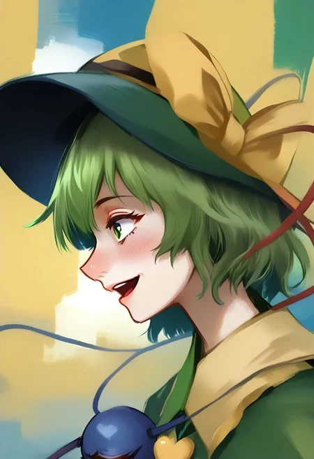 <lora:disco_elysium_v1_pruned:1>, thick outlines, <lora:komeiji_satori_image6571_2023-12-17-000006:1>, painting, painting_\(medium\), painterly, faux traditional media, portrait, artistic, standing in front of window, (mosaic window in background:1.5), side view, profile view, high window, 1girl, solo, touhou, koishi, komeiji koishi, green hair, medium hair, hat, eyes wide open, head lifted, looking at someone, komeiji_koishi, 1girl, third_eye, yellow_shirt, black_hat, green_hair, frilled_sleeves, highres, frilled_shirt_collar, wide_sleeves, hat_bow, green_eyes, green_skirt, heart_of_string, yellow_bow, hat_ribbon, diamond_button, yellow_ribbon, eyeball, eyeball closed, (third eye:1.5), closed third eye, third eye floating,
happy, very happy, open mouth, laugh,