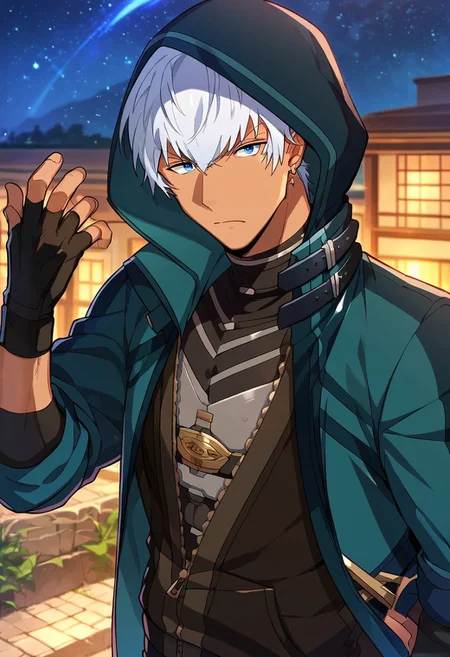 score_9_up, score_8_up, score_7_up, best quality, amazing quality, best aesthetic, 1boy, solo, Oscarhero, white hair, blue eyes, dark skinned male, earrings, hooded jacket, black gloves, fingerless gloves, armor, muscular male, large pectorals, outside, night, night sky, starry sky, serious expression, waist up, hands out of frame, looking at viewer, Expressiveh