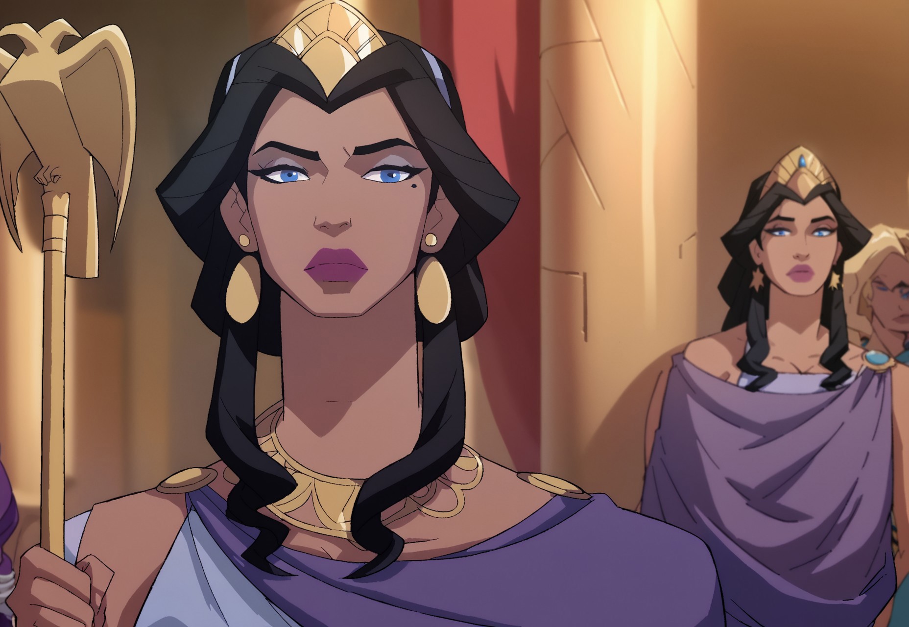 safe_pos, score_9, score_8_up, score_7_up, hippolyta, long hair, blue eyes, black hair, makeup, lipstick, dress, jewelry, earrings, purple dress, crown, tiara, staff, cleavage