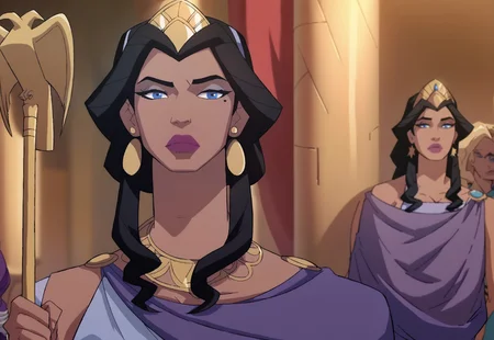 safe_pos, score_9, score_8_up, score_7_up, hippolyta, long hair, blue eyes, black hair, makeup, lipstick, dress, jewelry, earrings, purple dress, crown, tiara, staff, cleavage