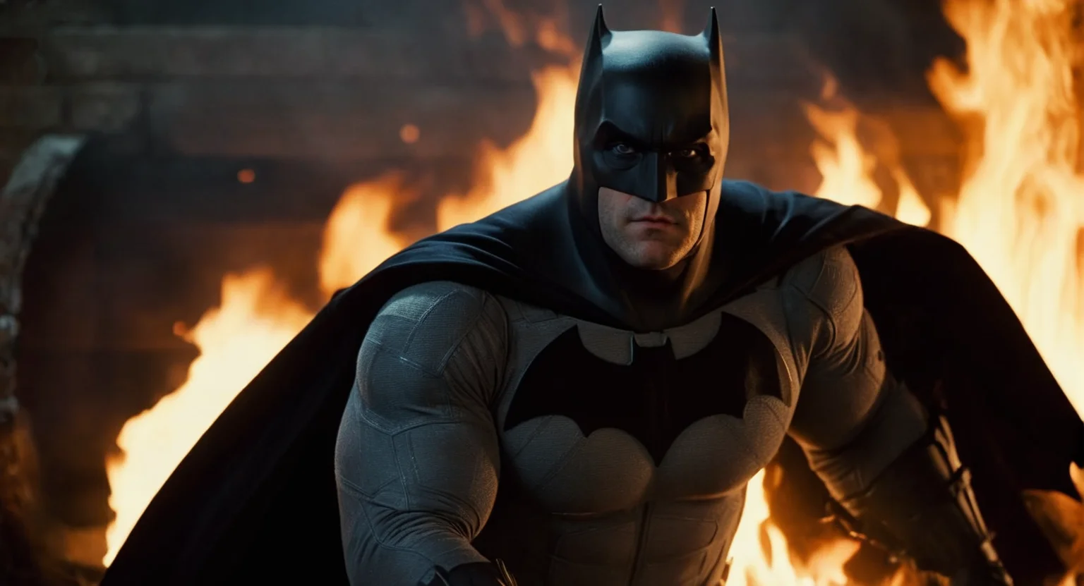cinematic film still of Cinematic Film stock footage in (arri alexa style) Kodak film print, <lora:batman:1> batman a man in a batman costume standing in front of a fire, shallow depth of field, vignette, highly detailed, high budget, bokeh, cinemascope, moody, epic, gorgeous, film grain, grainy