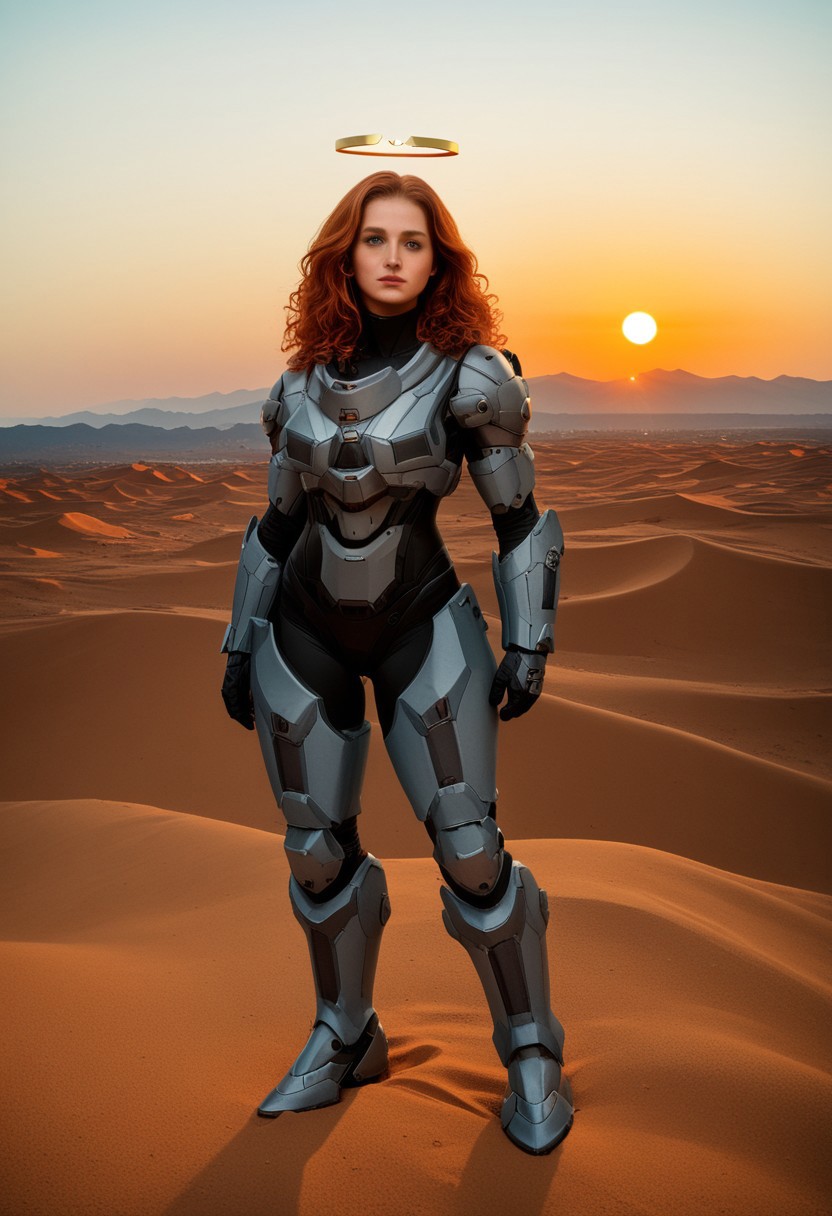 1girl, female, beautiful, natural, perfect, in her 20s, (((power armor))), MJOLNIR armor, (((Linda-058))), Halo Spartan, fragile face, ginger hair, curly hair, loose hair, green eyes, freckles, feminine, fit, big chest, BREAK telephoto, full body, standing gracefully, looking at viewer, sunset, big sun, warm light, contour light, (sand dunes), mountains on the horizon, clear sky, realistic, photorealistic, detailed, score_9, score_8_up, score_7_up