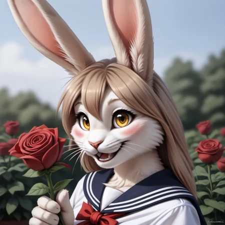 Realistic, highres, super high resolution, 8k, photo, 
anthro, female bunny, detailed body, tufted fur, bunny ears, cheast tuft, bunny tail, detailed fur, rabbit teeth, voluptuous, whiskers, long blond hair, amber eyes, light brown fur, small breasts, garden, open smile, holding rose, sailor collar, school uniform, black stockings, close-up, blushing,