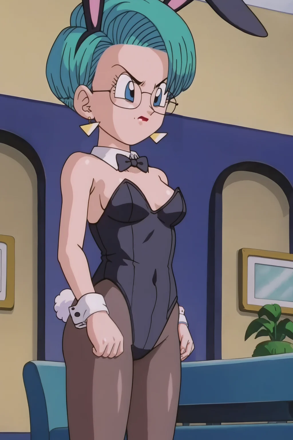 source_anime, score_9, score_8_up, score_7_up, anime screencap,8k, absurd res,
bulma,  short hair,  blue eyes, aqua hair, glasses, stud earrings
playboy bunny, rabbit ears, rabbit tail, wrist cuffs, black pantyhose, angry, indoors, mansion, official style, anime coloring,  leotard, bare shoulders, 
<lora:bulmaGT_pony_v1:0.8>
