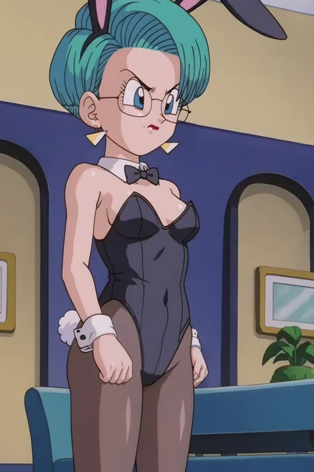 source_anime, score_9, score_8_up, score_7_up, anime screencap,8k, absurd res,
bulma,  short hair,  blue eyes, aqua hair, glasses, stud earrings
playboy bunny, rabbit ears, rabbit tail, wrist cuffs, black pantyhose, angry, indoors, mansion, official style, anime coloring,  leotard, bare shoulders, 
<lora:bulmaGT_pony_v1:0.8>