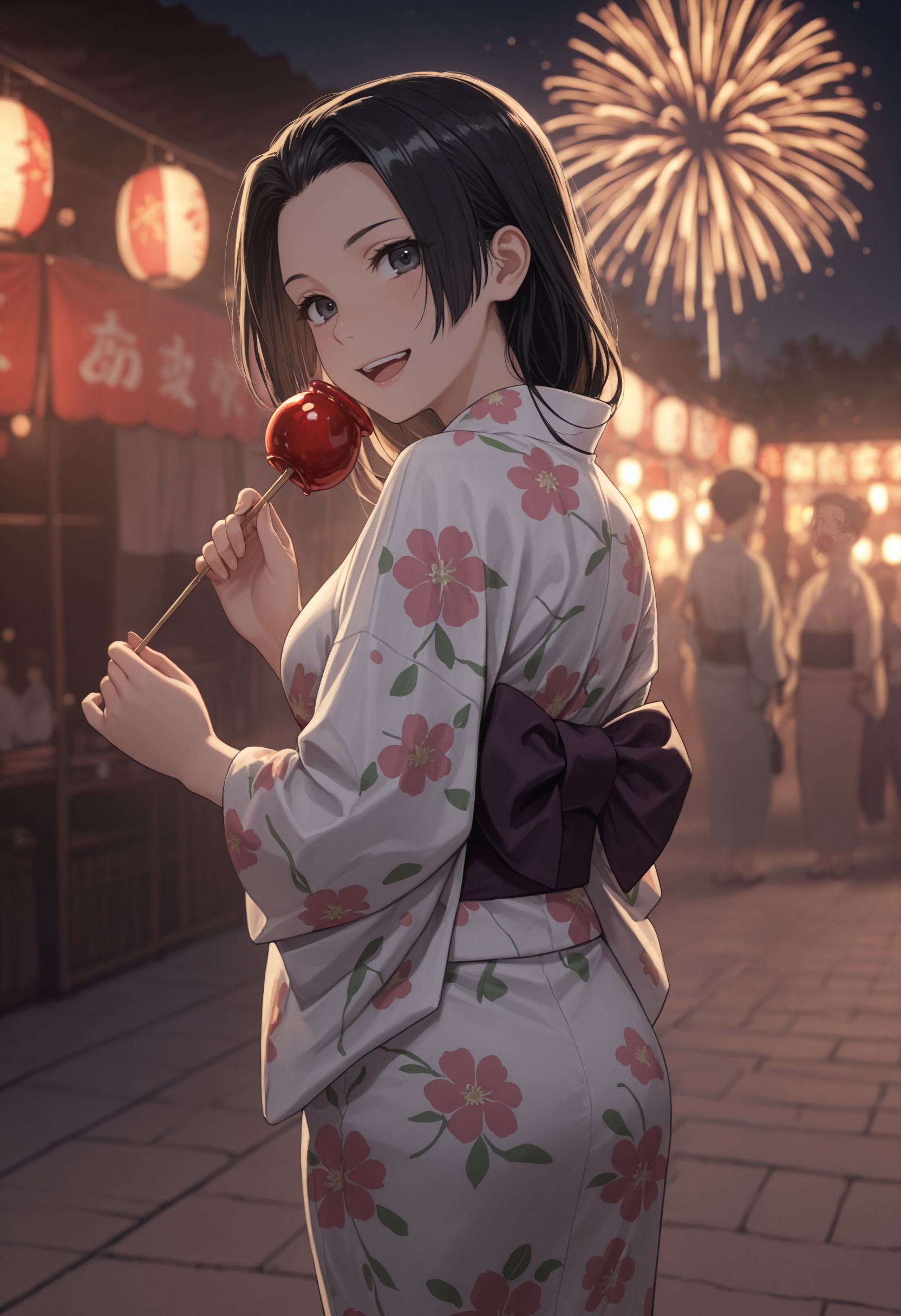 masterpiece,best quality,absurdres,highres,very aesthetic,high quality,detailed,insanely detailed,beautiful,perfect lighting, ,depth of field,blurry background,bokeh, looking at viewer,  <lora:Kongou Mitsuko illu:1> 1girl, long hair, black hair, black eyes, 
smile, osolo, night, summer festival, outdoors, yukata, floral print, from behind, smile, laughing, fireworks, holding candy, candy apple,